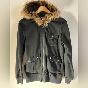 Mossimo Supply Co  Black Sweatshirt Jacket with Faux Fur Around Hood Medium